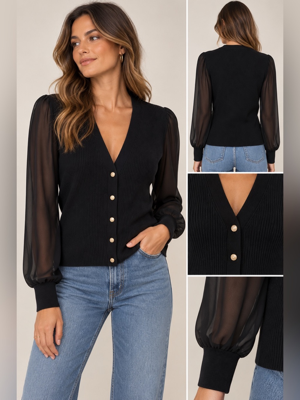 INC Black V-Neck Puff Sleeve Button-Front Sweater